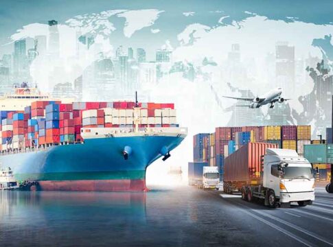 Transportation modalities: ship, truck, cargo containers, airplane, city backdrop.