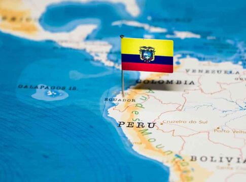 Flag of Ecuador on map near Peru.