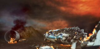 Burning airplane wreckage scattered across a desolate landscape.