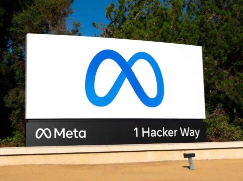 Meta sign with address 1 Hacker Way.