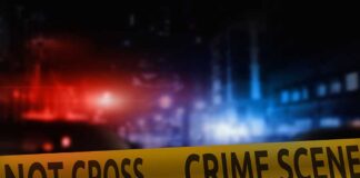 Police crime scene tape with flashing lights background.