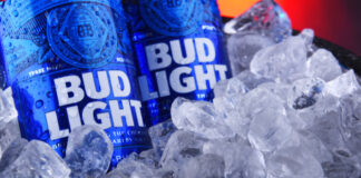 Two Bud Light cans in ice.