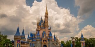 Crowd at Magic Kingdom's Cinderella Castle on a cloudy day.