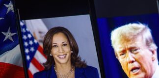 Two political figures on phone screens with American flag