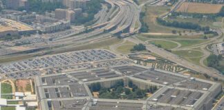 Aerial view of the Pentagon building and surrounding area.