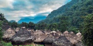 Thatched-roof huts in a lush, mountainous village.