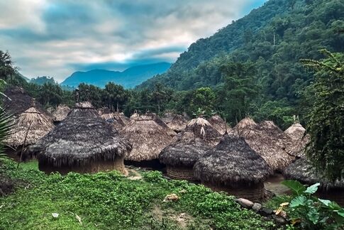 Thatched-roof huts in a lush, mountainous village.