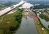 Aerial view of a canal with ships passing