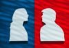 Two silhouette profiles on red and blue background