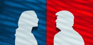 Two silhouette profiles on red and blue background
