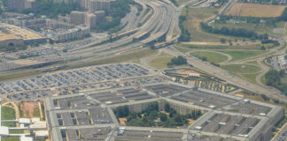 Aerial view of the Pentagon building and surrounding area.