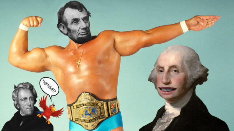 A humorous collage featuring caricatures of U.S. presidents in a wrestling theme