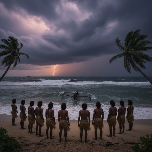 Group of individuals in traditional attire watching a fisherman at sea during a storm