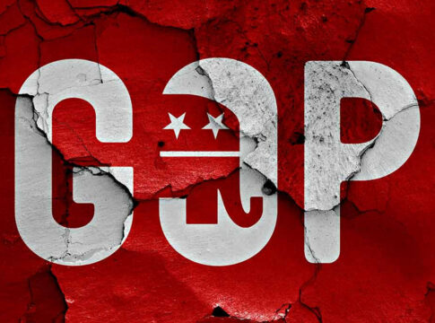 GOP logo with elephant on cracked red surface.