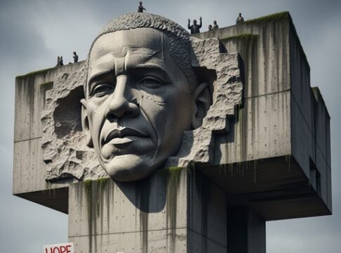 A large monument featuring a carved face and a crowd holding protest signs