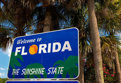 Welcome to Florida sign with palm trees background.