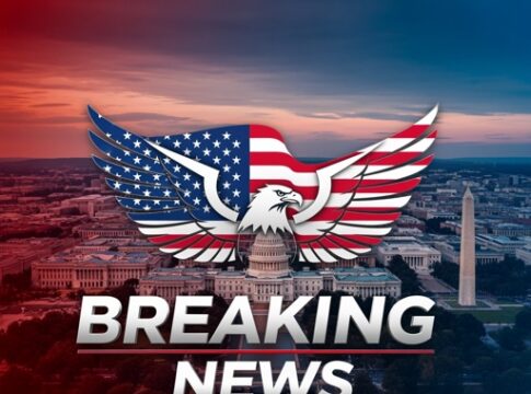 Graphic design featuring an eagle with American flag colors and the text 'Breaking News'