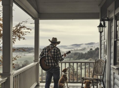 A man playing guitar on a porch with two dogs watching the view