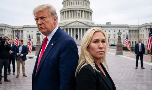 Two political figures standing in front of the Capitol building with flags in the background