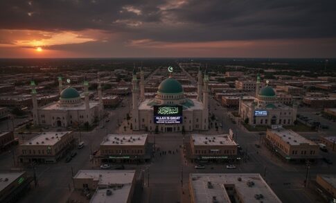 Aerial view of a mosque complex at sunset with surrounding buildings