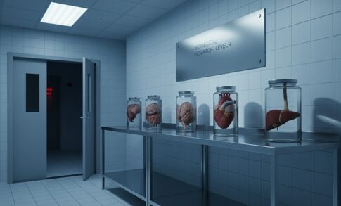 Laboratory with jars containing anatomical specimens on a metal table