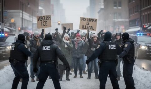 Protesters holding signs against ICE in a snowy urban setting