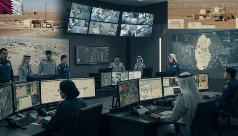 Military personnel in a command center with multiple screens displaying maps and surveillance footage