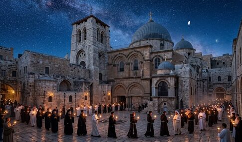 A group of people holding candles in a historic courtyard under a starry sky