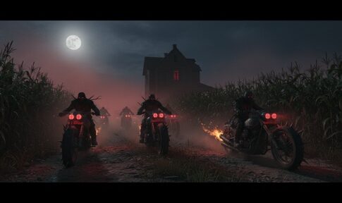 Motorcycle riders traveling through a cornfield at night under a full moon