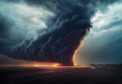 A dramatic twisting cloud formation at sunset over a road