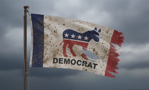 A weathered flag featuring the Democratic Party symbol and the word 'DEMOCRAT'