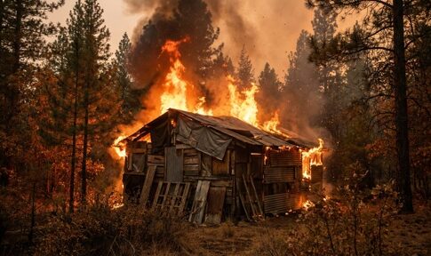 A wooden cabin engulfed in flames surrounded by trees