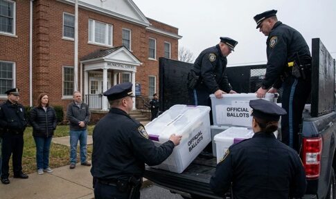 Police officers loading official ballot boxes into a truck outside a municipal building